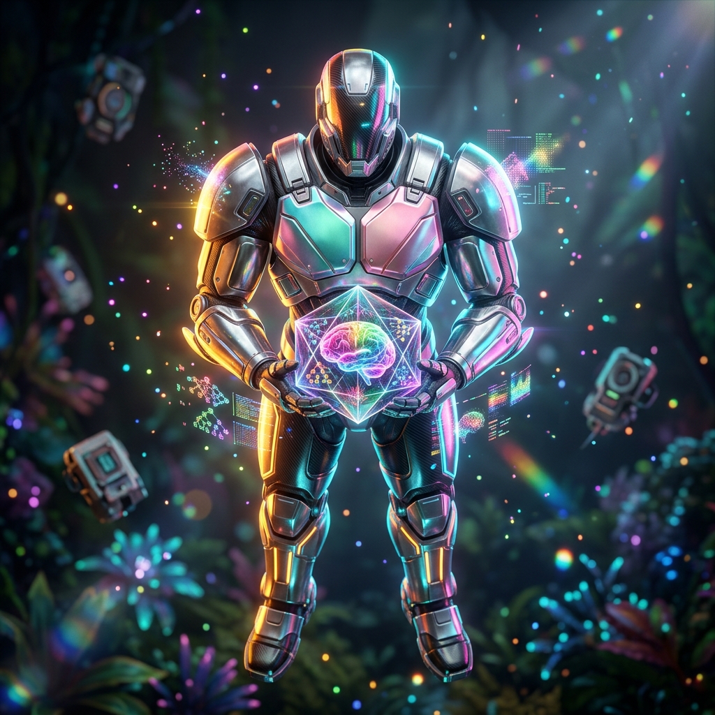 Machine Learning category hero — heavily armored guardian robot holding a symbolic emblem of the category with both hands in alien jungle biome with glowing flora and floating tech artifacts