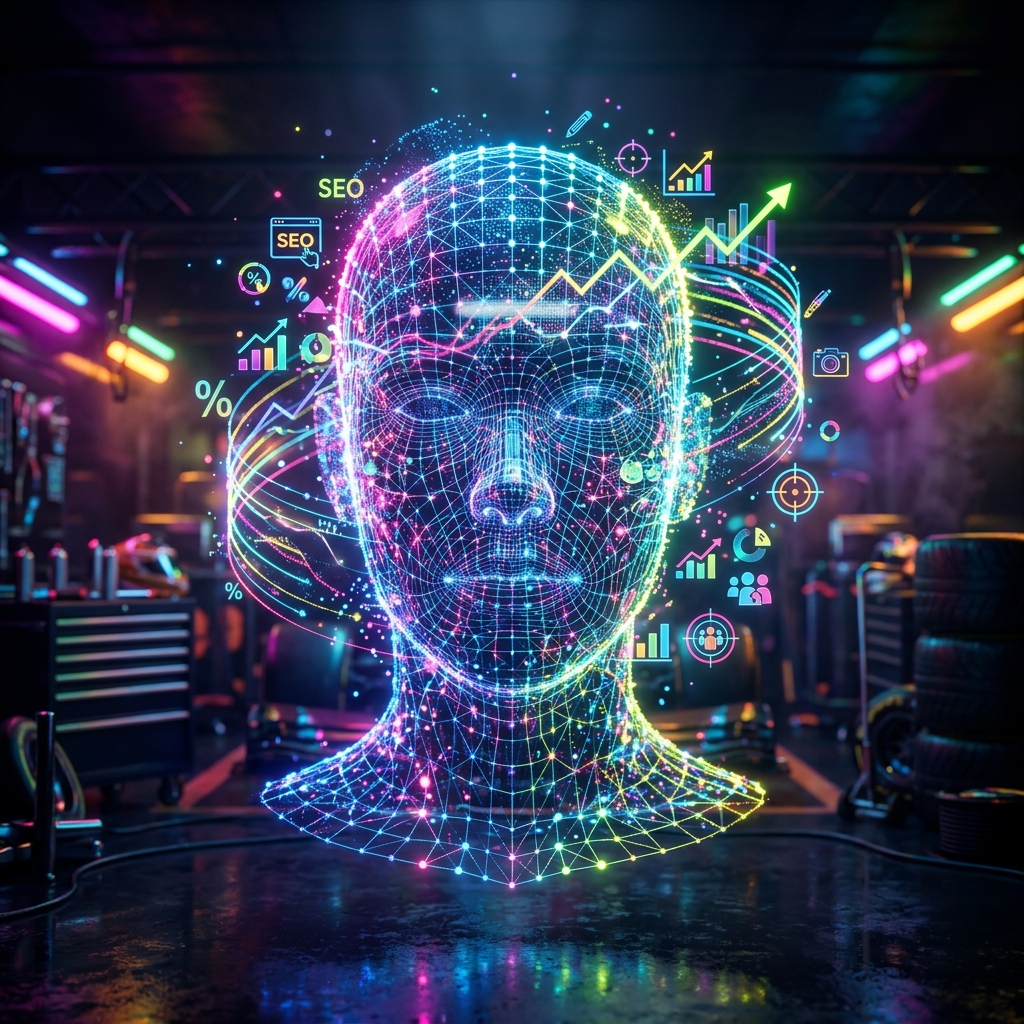 Marketing category hero — wireframe holographic human head made of glowing data points, floating in the frame center in Formula-1 style pit garage with saturated color lighting and mechanical detail