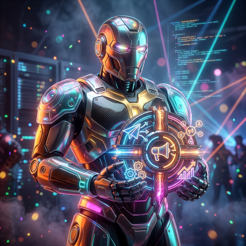 Marketing Tools category hero — heavily armored guardian robot holding a symbolic emblem of the category with both hands in underground rave-like data cathedral with laser beams cutting through smoke