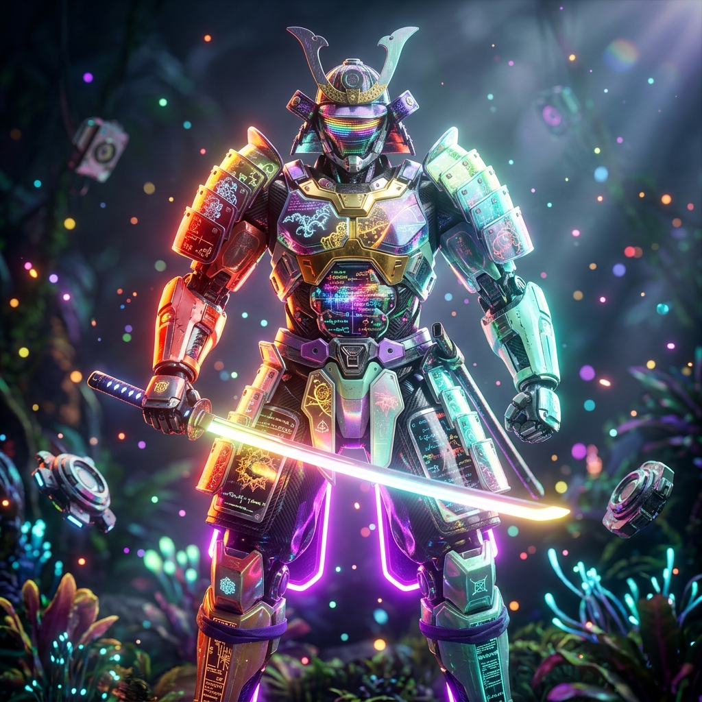 Math category hero — majestic samurai-styled mech in lacquered armor with neon under-glow, katana of light in hand in alien jungle biome with glowing flora and floating tech artifacts