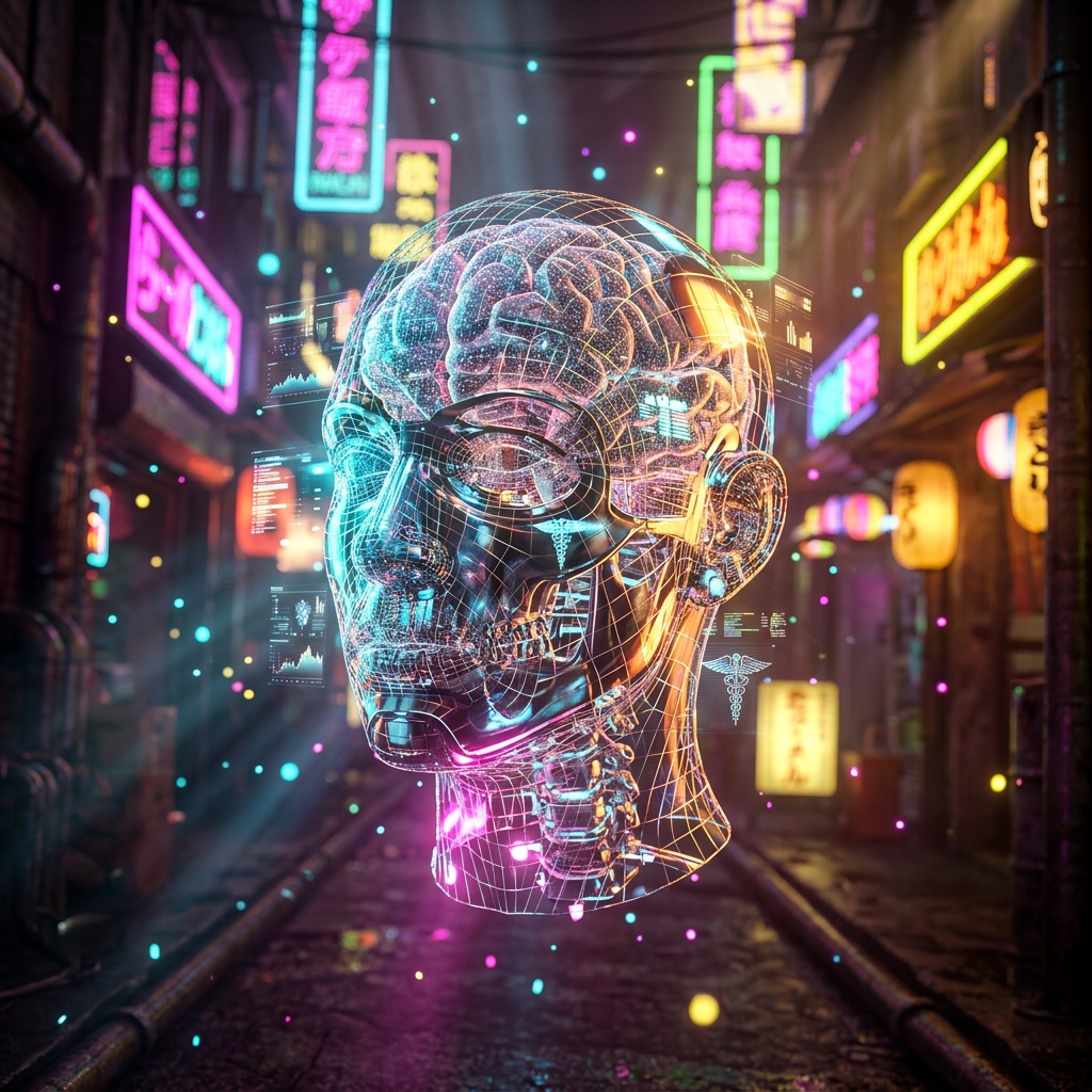 Medical Records category hero — wireframe holographic human head made of glowing data points, floating in the frame center in Blade-Runner-style noodle-shop alley with dense neon signage in the background