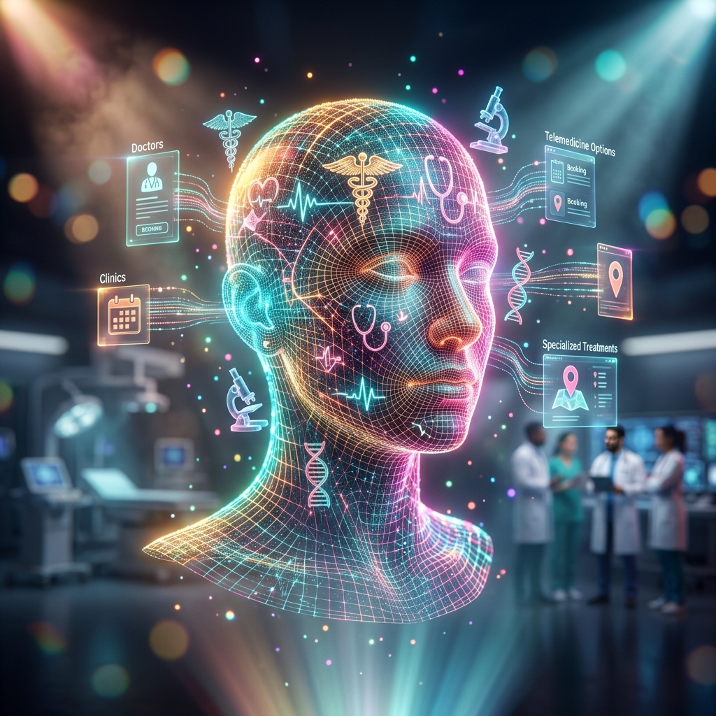 Medical Services category hero — wireframe holographic human head made of glowing data points, floating in the frame center in dark cinematic stage with dramatic spotlights streaming down and a hazy atmospheric fog