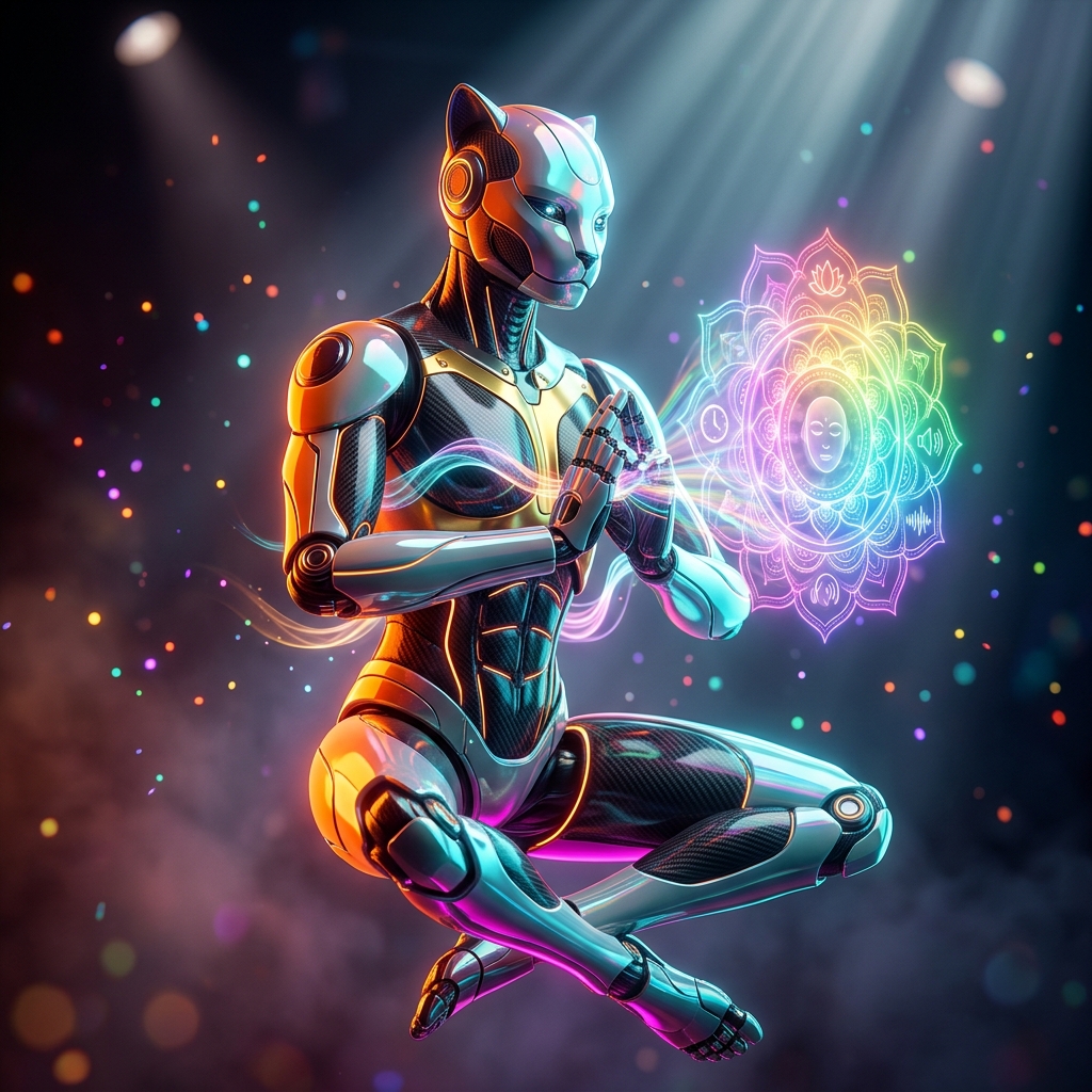 Meditation category hero — sleek feline-inspired robot mid-leap, carbon-fiber musculature and glowing accent lines in dark cinematic stage with dramatic spotlights streaming down and a hazy atmospheric fog