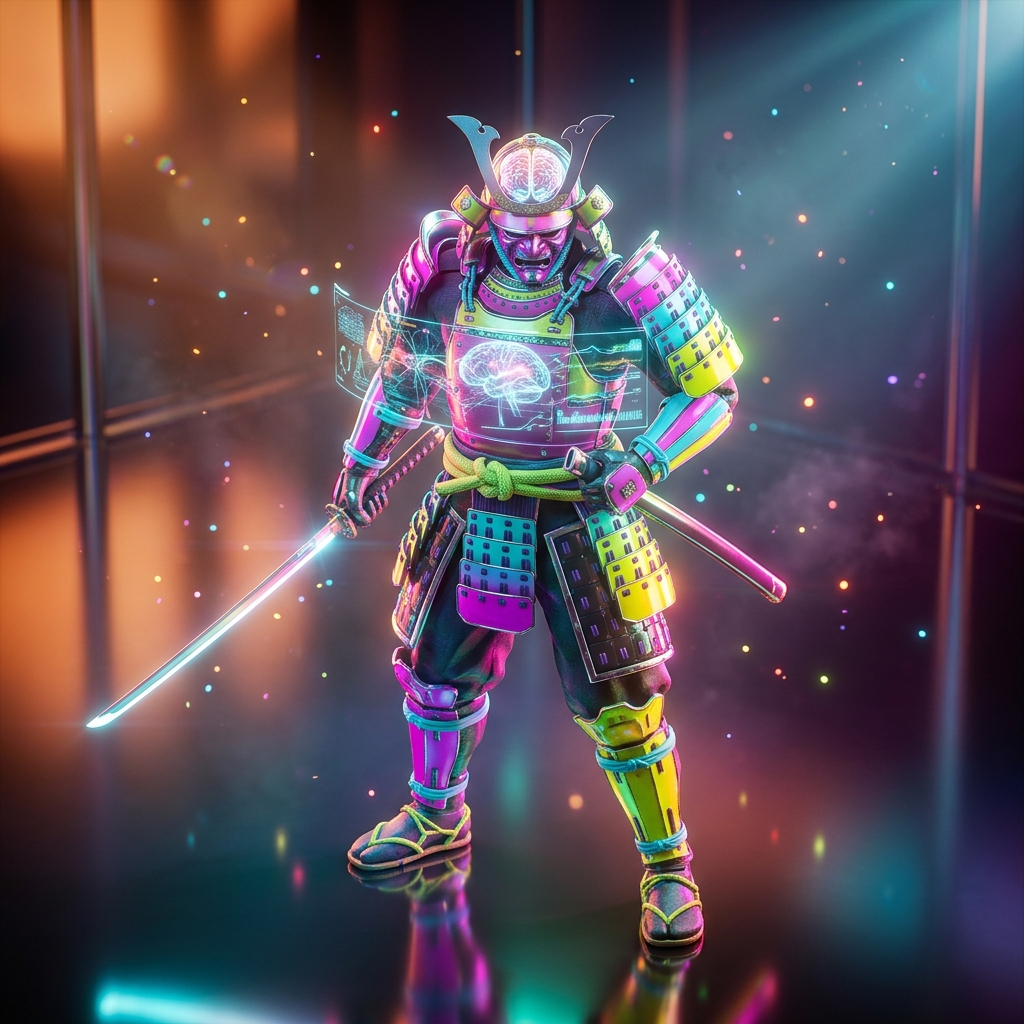Mental Health category hero — majestic samurai-styled mech in lacquered armor with neon under-glow, katana of light in hand in chrome-and-glass showroom with mirrored floor and rim-lit product staging