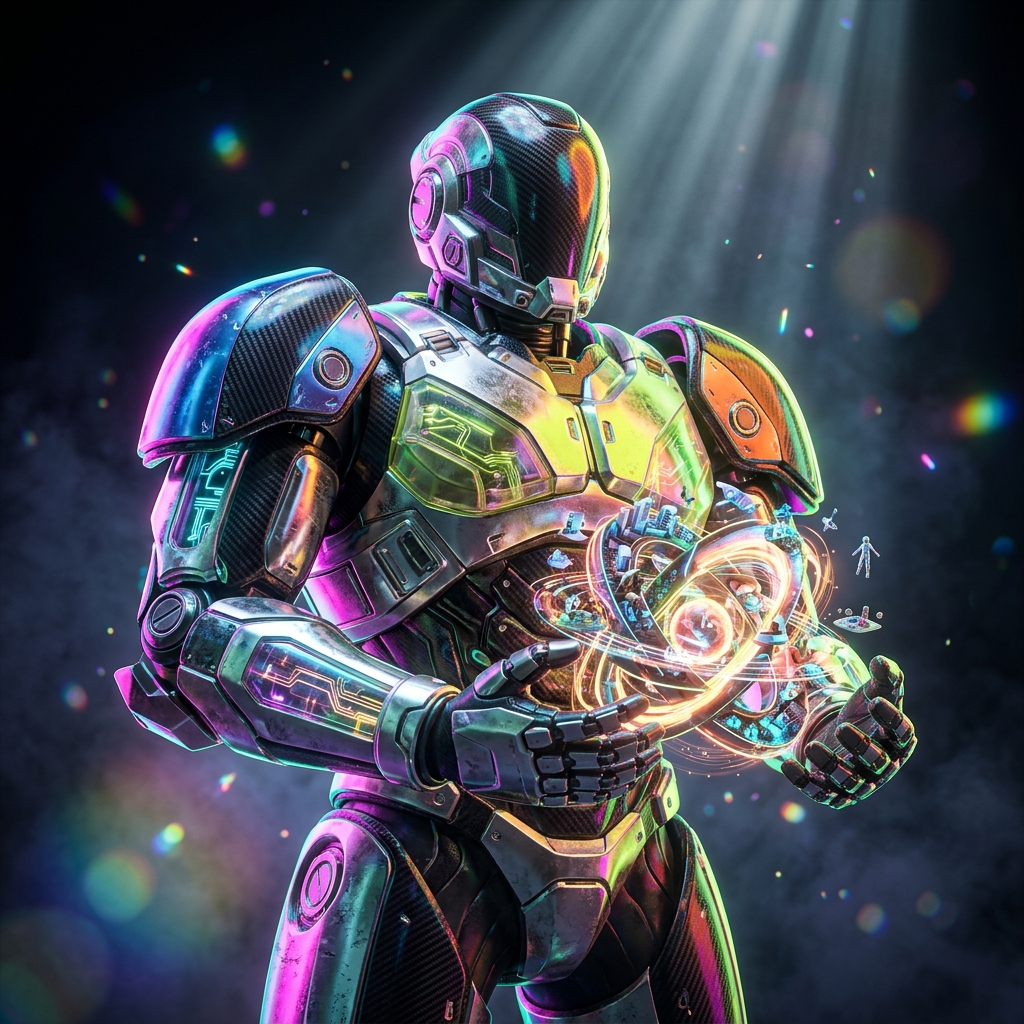Metaverse category hero — heavily armored guardian robot holding a symbolic emblem of the category with both hands in dark cinematic stage with dramatic spotlights streaming down and a hazy atmospheric fog