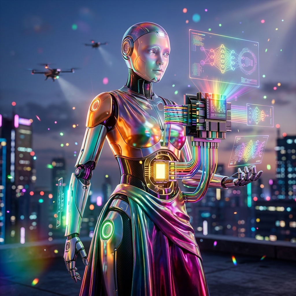 ML Platforms category hero — elegant fashion-forward android in flowing reflective couture fabric, editorial pose in rooftop overlooking a neon megacity skyline at dusk, drones flying in the distance