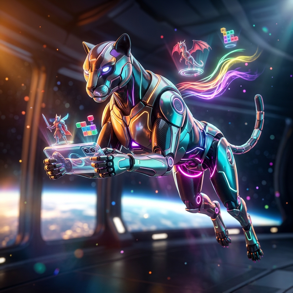 Mobile Games category hero — sleek feline-inspired robot mid-leap, carbon-fiber musculature and glowing accent lines in orbital space station observation deck with a planet glowing outside the panoramic window