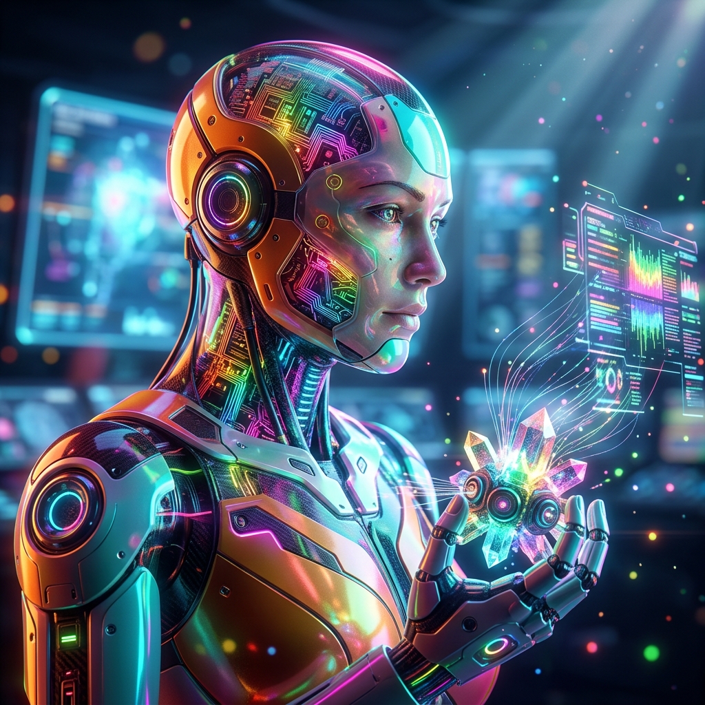 Monitoring category hero — cinematic cyborg character seen in three-quarter profile, exposed circuitry glowing beneath translucent skin, intense neon rim light in futuristic control room with massive glowing holographic screens and volumetric light rays