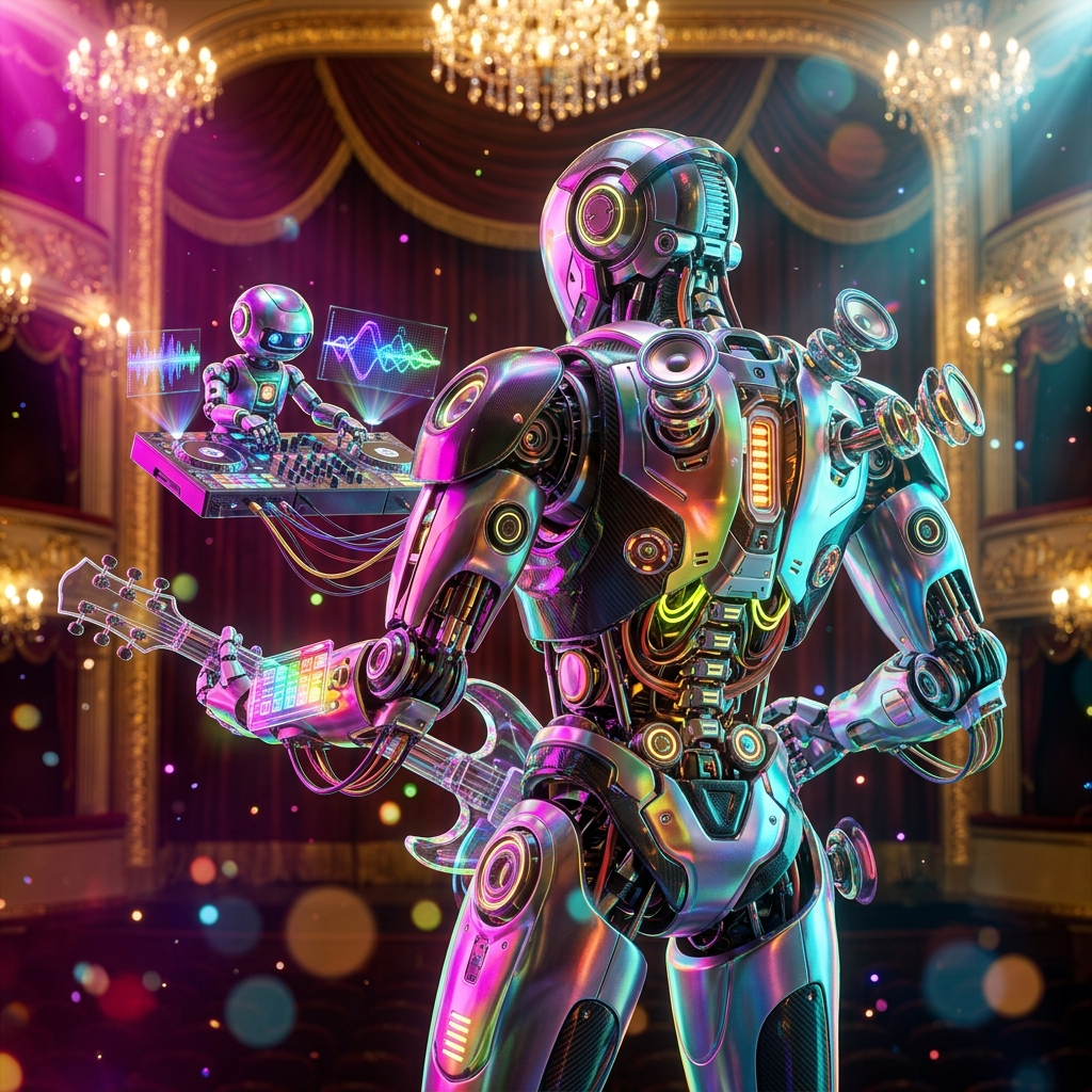 Music category hero — duo of contrasting robots — one large hero mech and a small companion droid — composed cinematically in golden-lit theater interior with heavy velvet curtains and cinematic chandeliers