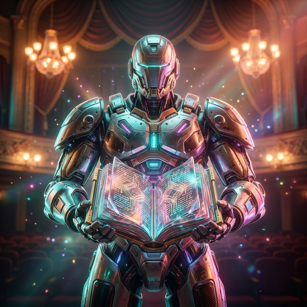 Natural Language Processing category hero — heavily armored guardian robot holding a symbolic emblem of the category with both hands in golden-lit theater interior with heavy velvet curtains and cinematic chandeliers