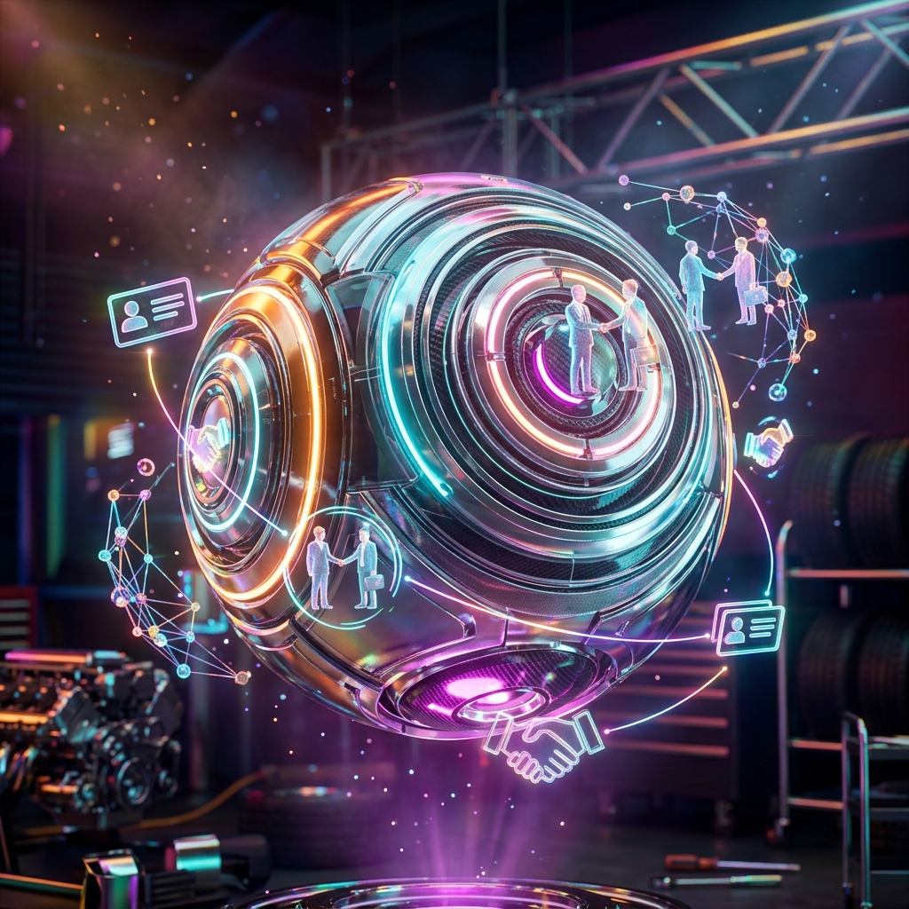 Networking category hero — floating spherical AI orb with concentric glowing rings and orbiting holographic icons around it in Formula-1 style pit garage with saturated color lighting and mechanical detail