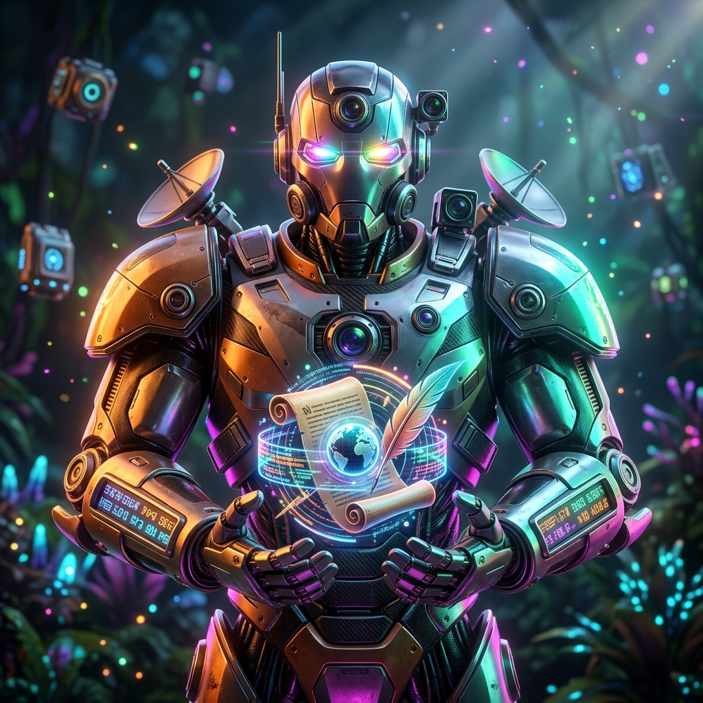 News category hero — heavily armored guardian robot holding a symbolic emblem of the category with both hands in alien jungle biome with glowing flora and floating tech artifacts