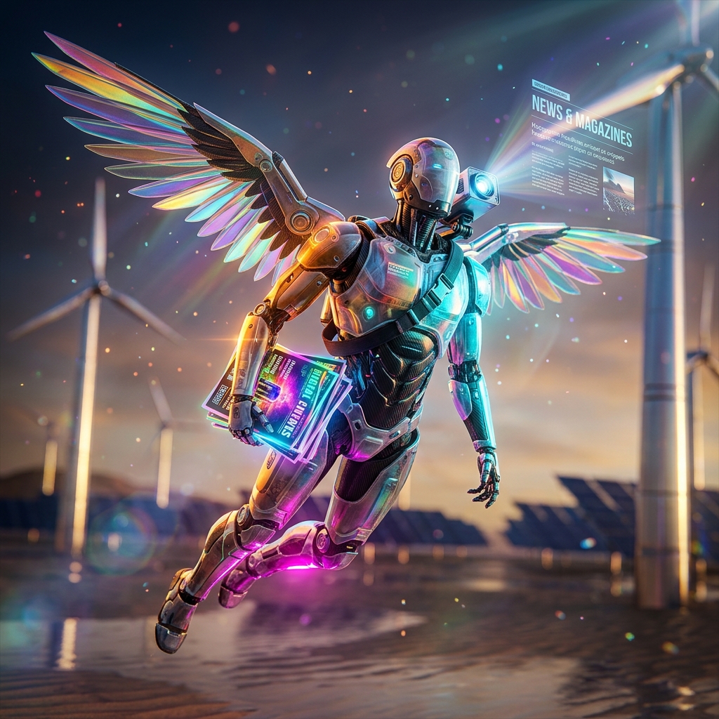 News & Magazines category hero — courier-style android with iridescent wings unfurled, mid-flight silhouette against the environment in desert solar farm at magic hour with reflective sand and towering chrome pylons