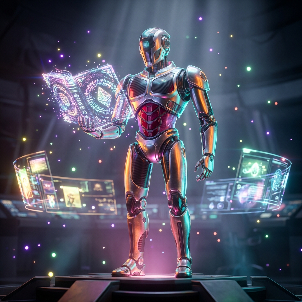 NFT category hero — sci-fi wizard robot with a floating spellbook of holographic glyphs and light particles in futuristic control room with massive glowing holographic screens and volumetric light rays