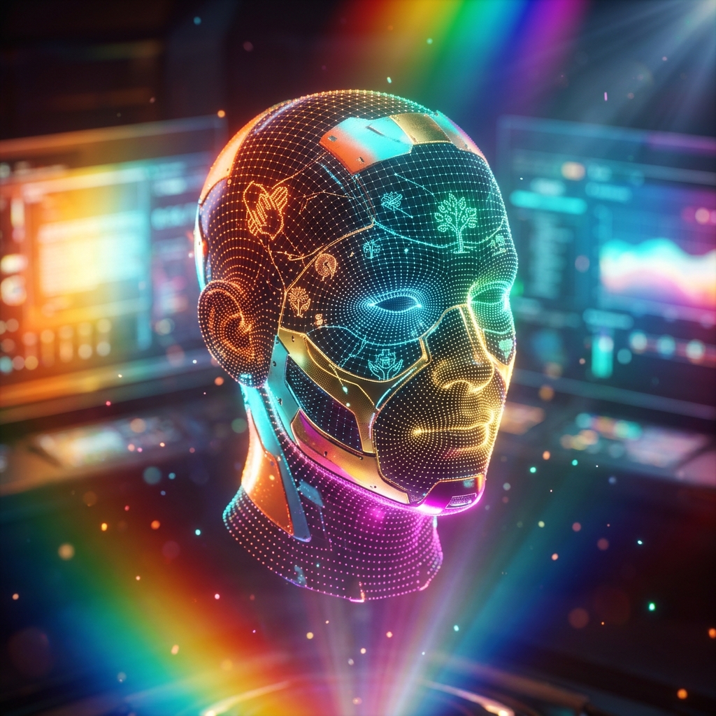 Non-Profit category hero — wireframe holographic human head made of glowing data points, floating in the frame center in futuristic control room with massive glowing holographic screens and volumetric light rays