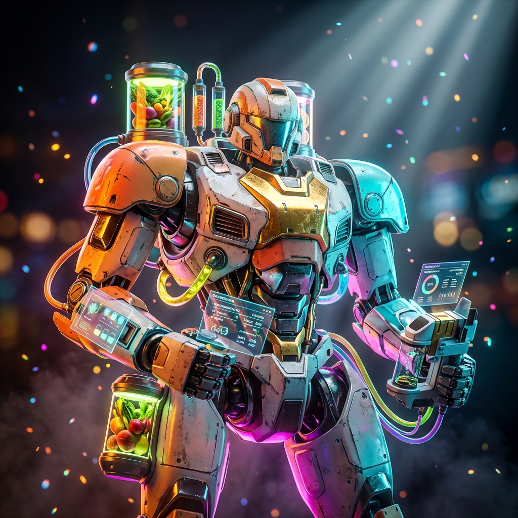 Nutrition category hero — war-worn but heroic mech pilot robot with painted panels, weathered detail, cinematic hero lighting in dark cinematic stage with dramatic spotlights streaming down and a hazy atmospheric fog