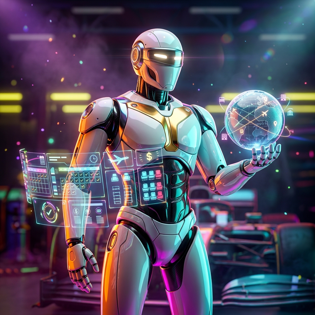Online Booking category hero — hyper-detailed humanoid robot with glossy plating and glowing visor eyes, striking a confident hero pose in the center of the frame in Formula-1 style pit garage with saturated color lighting and mechanical detail