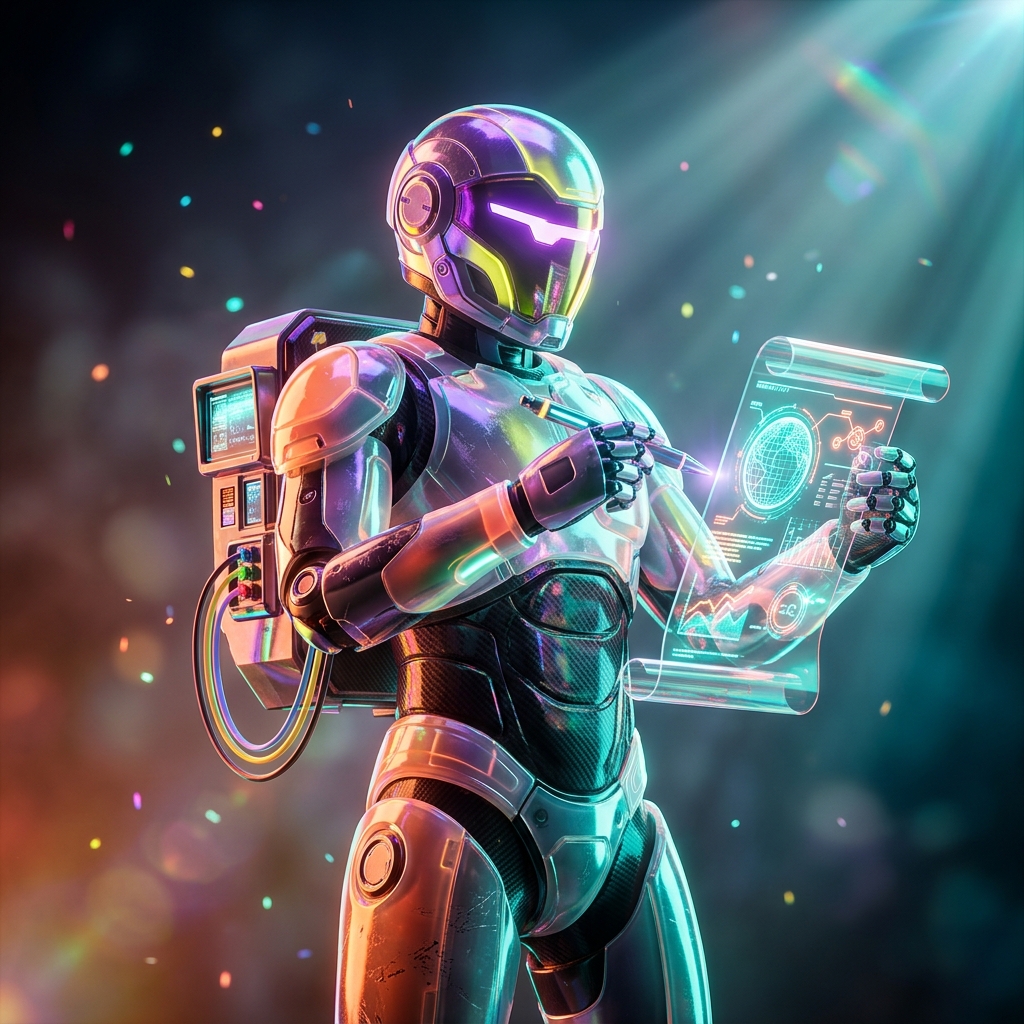 Online Education category hero — hyper-detailed humanoid robot with glossy plating and glowing visor eyes, striking a confident hero pose in the center of the frame in dark cinematic stage with dramatic spotlights streaming down and a hazy atmospheric fog