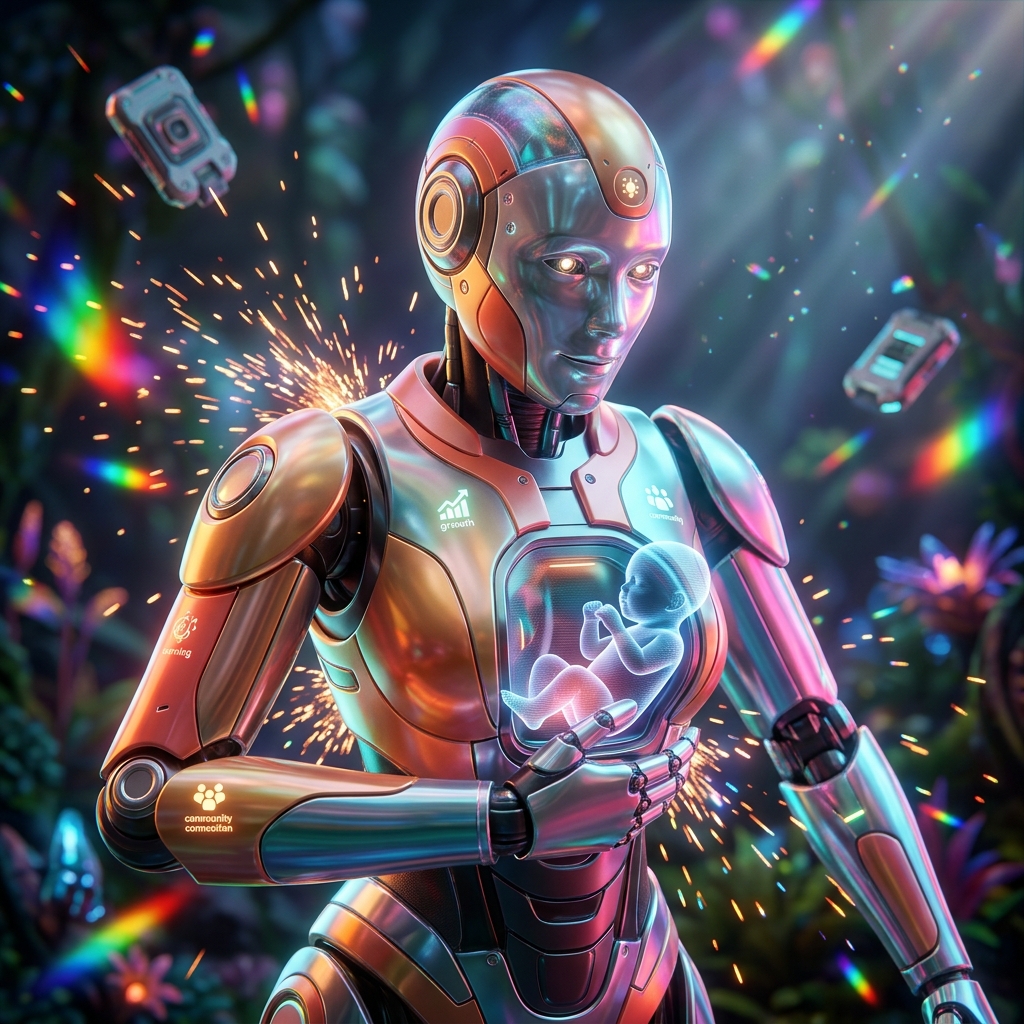 Parenting category hero — chrome-plated bipedal android caught mid-motion, sparks and light particles trailing around it in alien jungle biome with glowing flora and floating tech artifacts