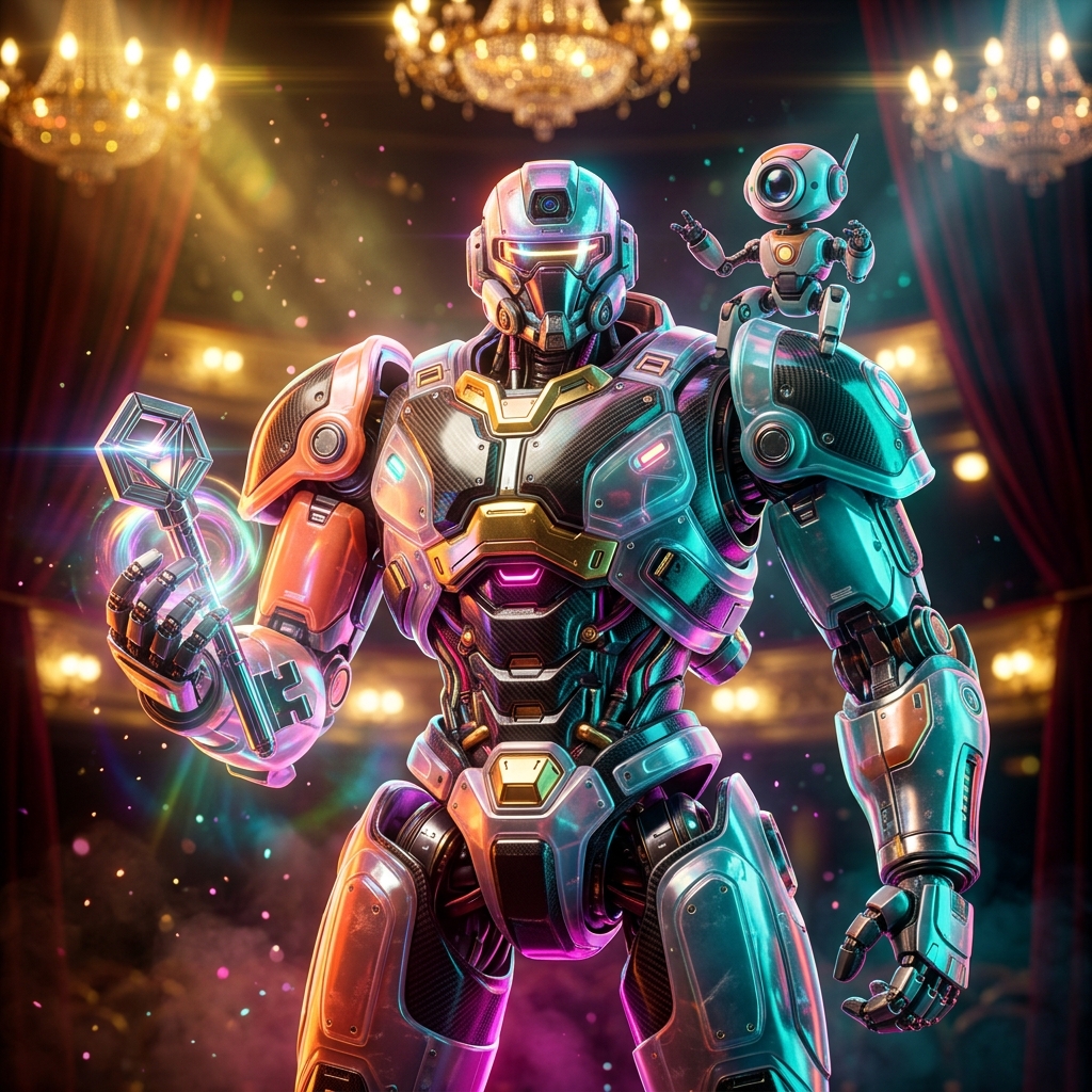 Password Managers category hero — duo of contrasting robots — one large hero mech and a small companion droid — composed cinematically in golden-lit theater interior with heavy velvet curtains and cinematic chandeliers