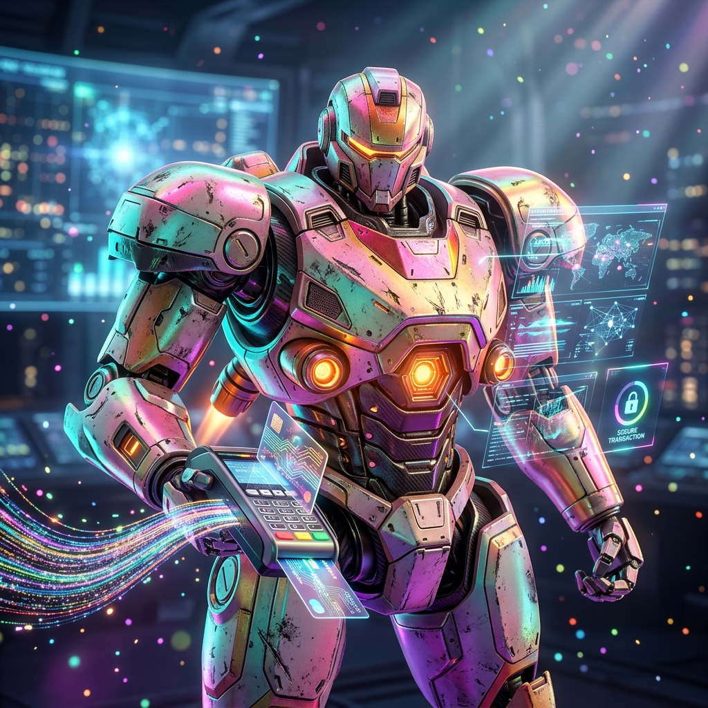 Payment Processing category hero — war-worn but heroic mech pilot robot with painted panels, weathered detail, cinematic hero lighting in futuristic control room with massive glowing holographic screens and volumetric light rays