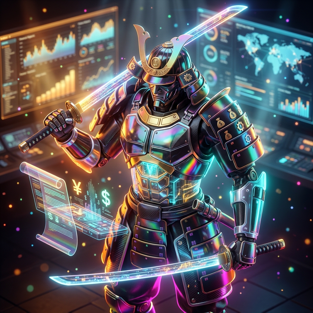 Payroll category hero — majestic samurai-styled mech in lacquered armor with neon under-glow, katana of light in hand in futuristic control room with massive glowing holographic screens and volumetric light rays
