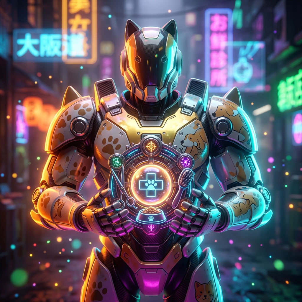 Pet Care category hero — heavily armored guardian robot holding a symbolic emblem of the category with both hands in Blade-Runner-style noodle-shop alley with dense neon signage in the background