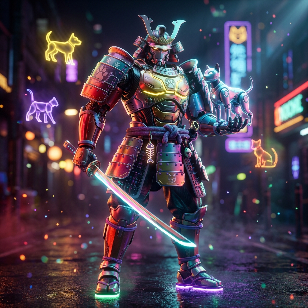 Pets category hero — majestic samurai-styled mech in lacquered armor with neon under-glow, katana of light in hand in neon-lit cyberpunk street at night, wet pavement reflections, hovering holograms in the background