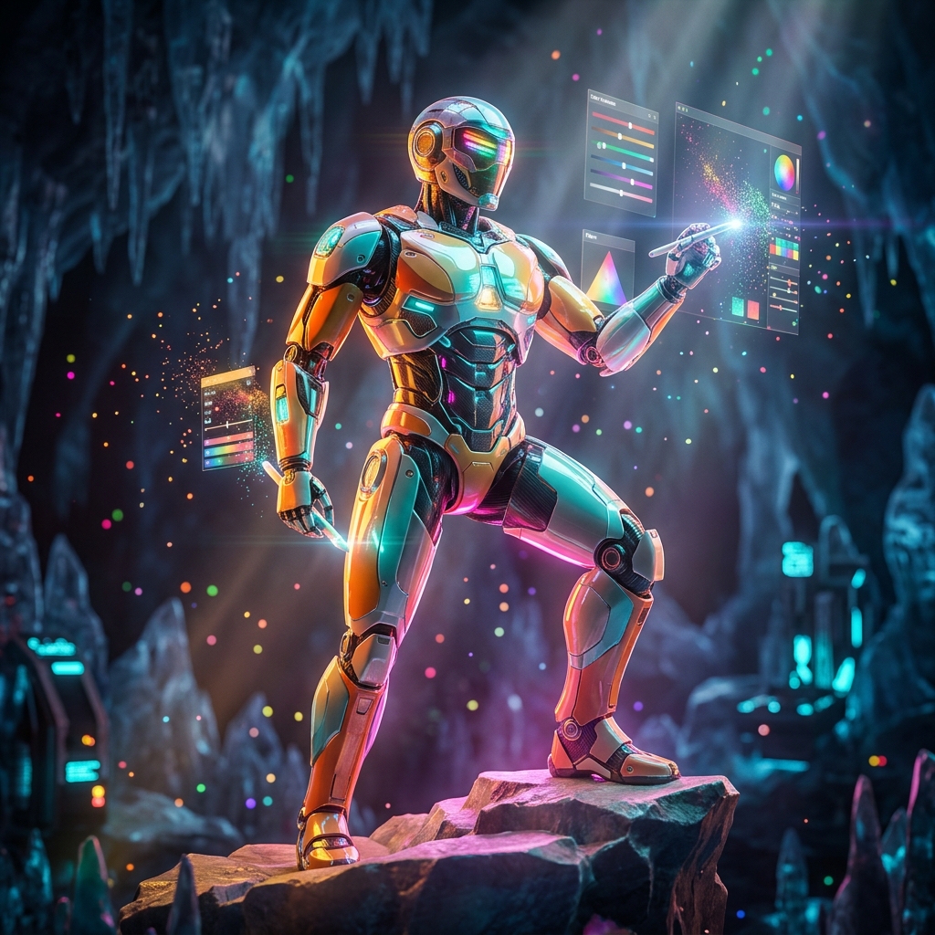 Photo Editing category hero — hyper-detailed humanoid robot with glossy plating and glowing visor eyes, striking a confident hero pose in the center of the frame in crystalline ice cavern lit by bioluminescent tech installations