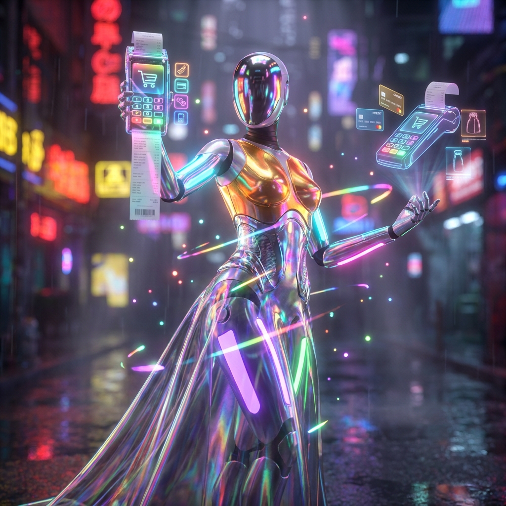 Point of Sale category hero — elegant fashion-forward android in flowing reflective couture fabric, editorial pose in neon-lit cyberpunk street at night, wet pavement reflections, hovering holograms in the background
