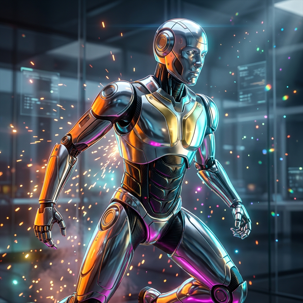 Productivity & Productivity Suites category hero — chrome-plated bipedal android caught mid-motion, sparks and light particles trailing around it in sleek high-tech laboratory with glass walls, floating data panels and particle light