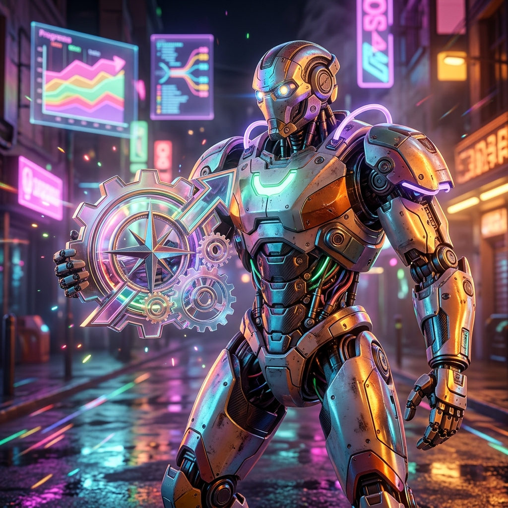 Project Management category hero — heavily armored guardian robot holding a symbolic emblem of the category with both hands in neon-lit cyberpunk street at night, wet pavement reflections, hovering holograms in the background