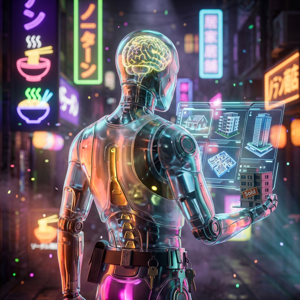 Real Estate category hero — translucent glass humanoid figure with a glowing neural-network brain visible inside its head in Blade-Runner-style noodle-shop alley with dense neon signage in the background