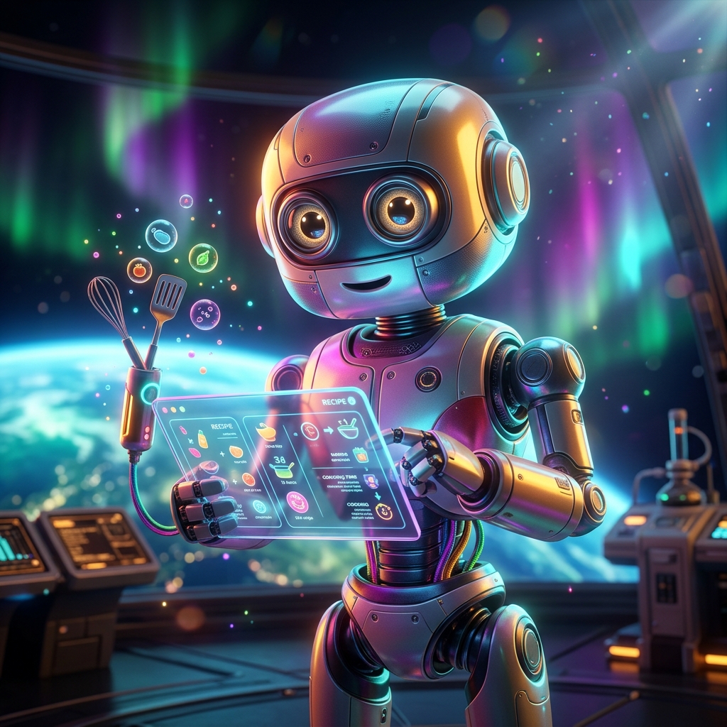 Recipe category hero — friendly Pixar-quality mascot robot with big expressive optical eyes, holding an object that represents the category in orbital space station observation deck with a planet glowing outside the panoramic window