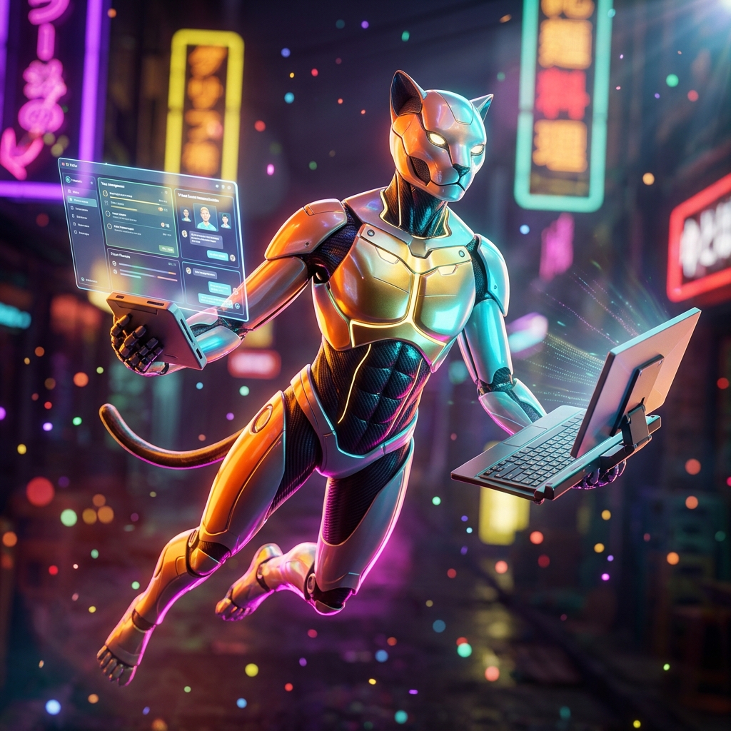 Remote Work category hero — sleek feline-inspired robot mid-leap, carbon-fiber musculature and glowing accent lines in Blade-Runner-style noodle-shop alley with dense neon signage in the background