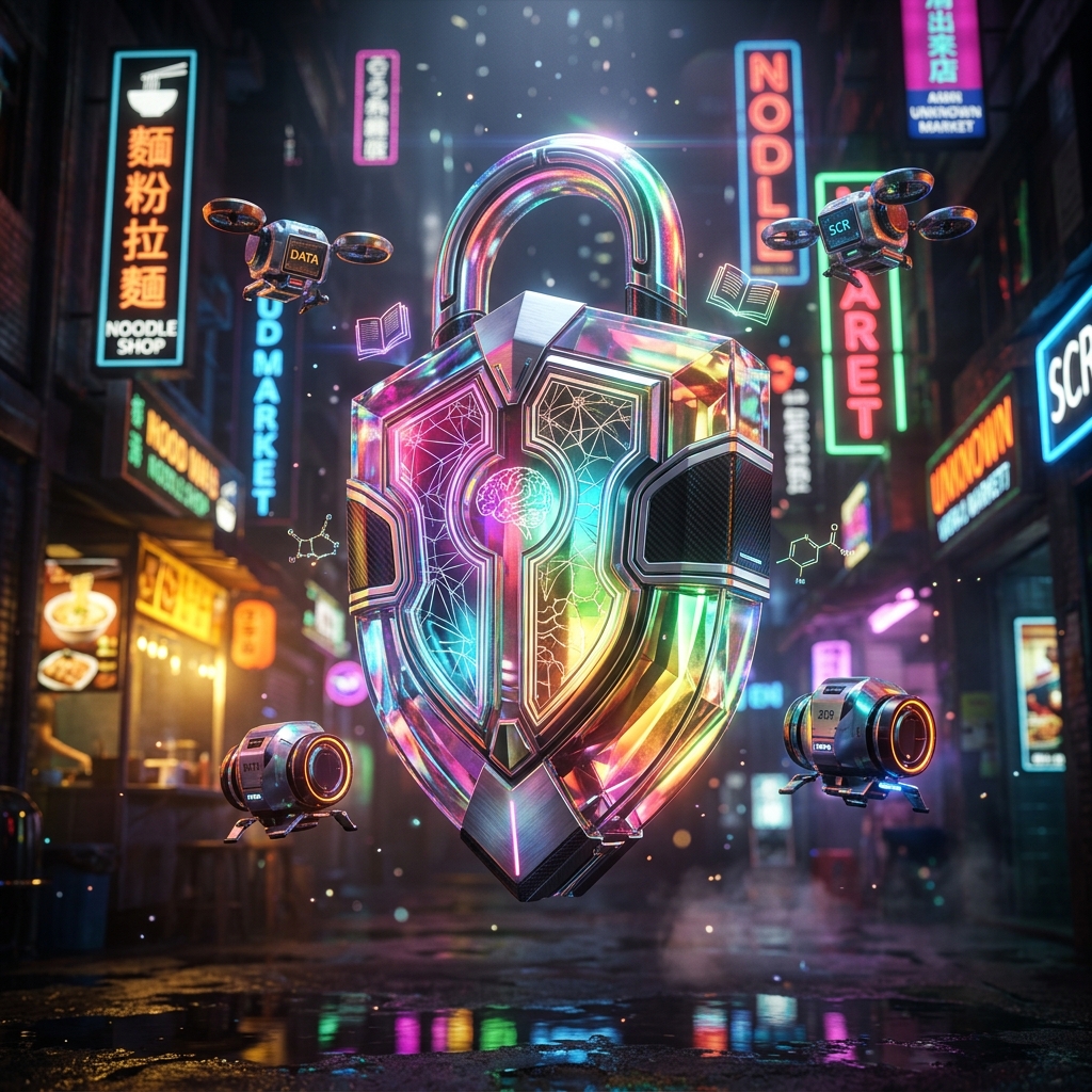 Research category hero — glowing digital shield / padlock / crown / crystal object at the frame center, protected by hovering tech drones in Blade-Runner-style noodle-shop alley with dense neon signage in the background