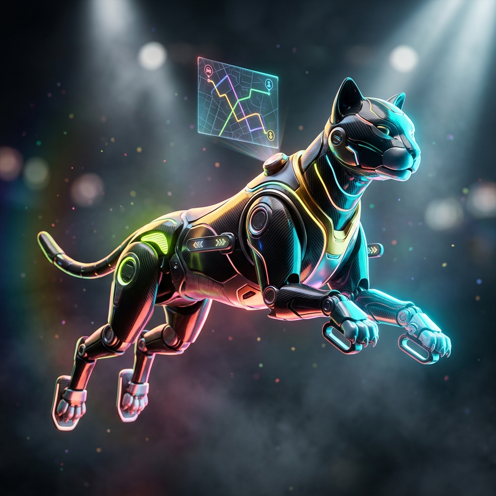 Rideshare category hero — sleek feline-inspired robot mid-leap, carbon-fiber musculature and glowing accent lines in dark cinematic stage with dramatic spotlights streaming down and a hazy atmospheric fog