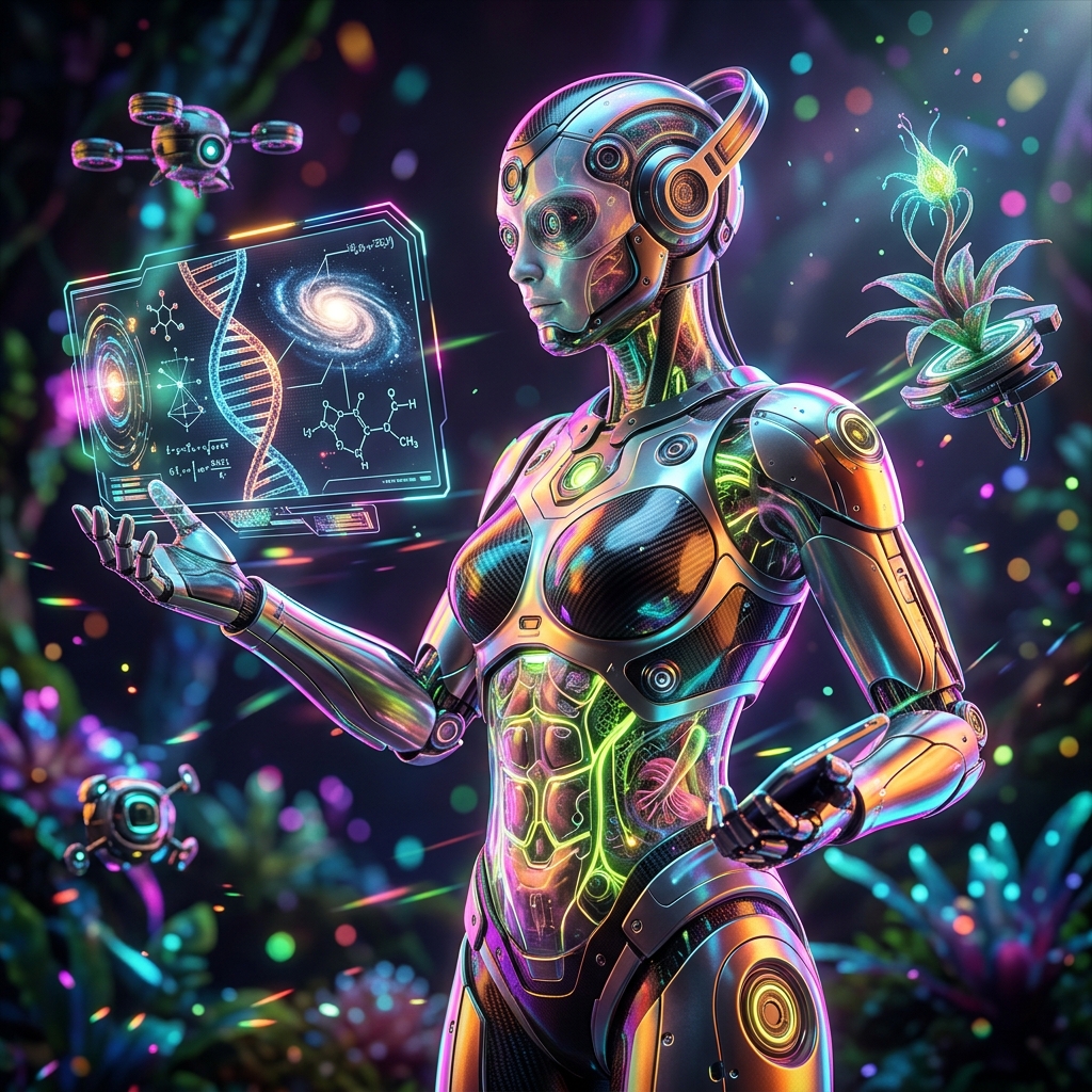 Science category hero — cinematic cyborg character seen in three-quarter profile, exposed circuitry glowing beneath translucent skin, intense neon rim light in alien jungle biome with glowing flora and floating tech artifacts