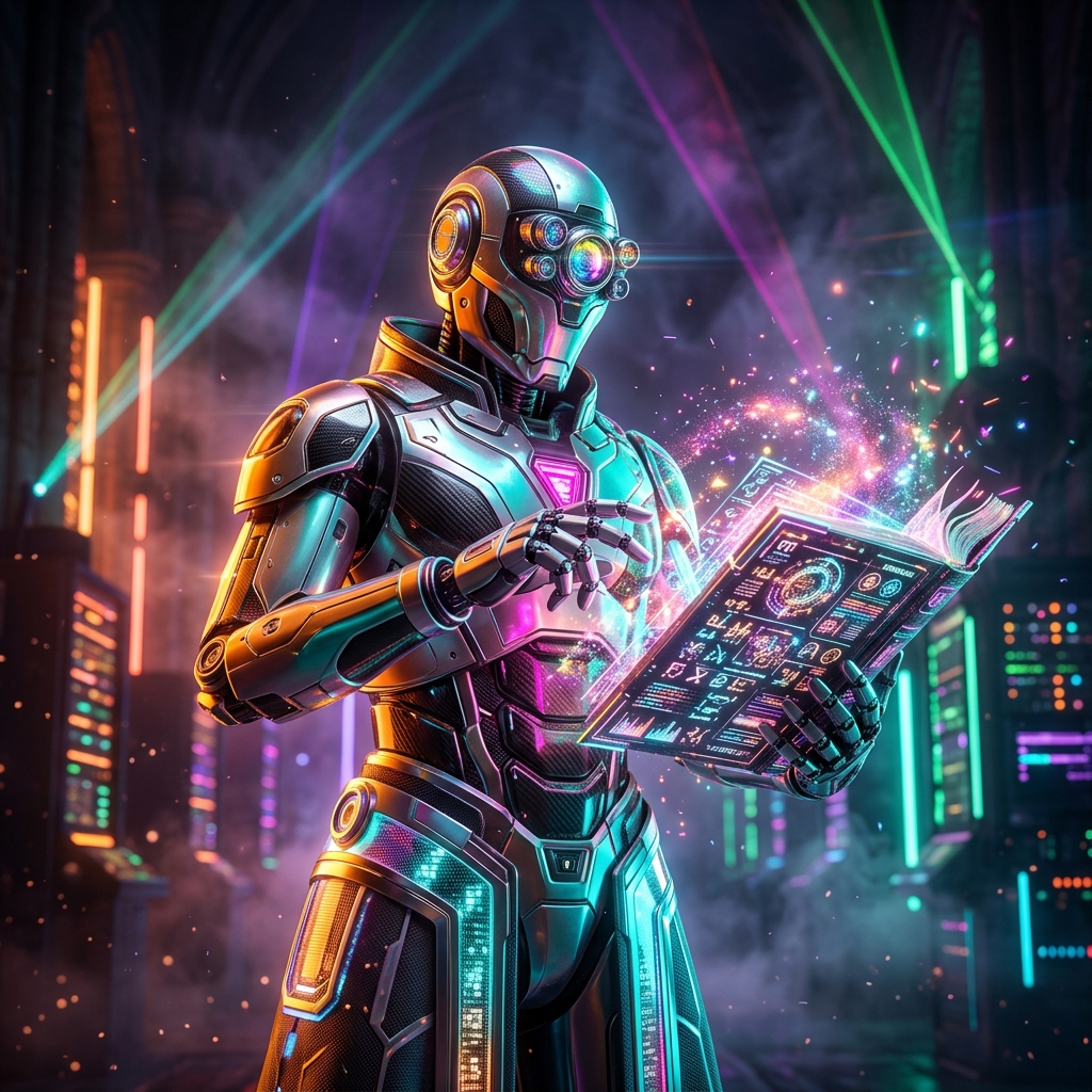 Search Tools category hero — sci-fi wizard robot with a floating spellbook of holographic glyphs and light particles in underground rave-like data cathedral with laser beams cutting through smoke