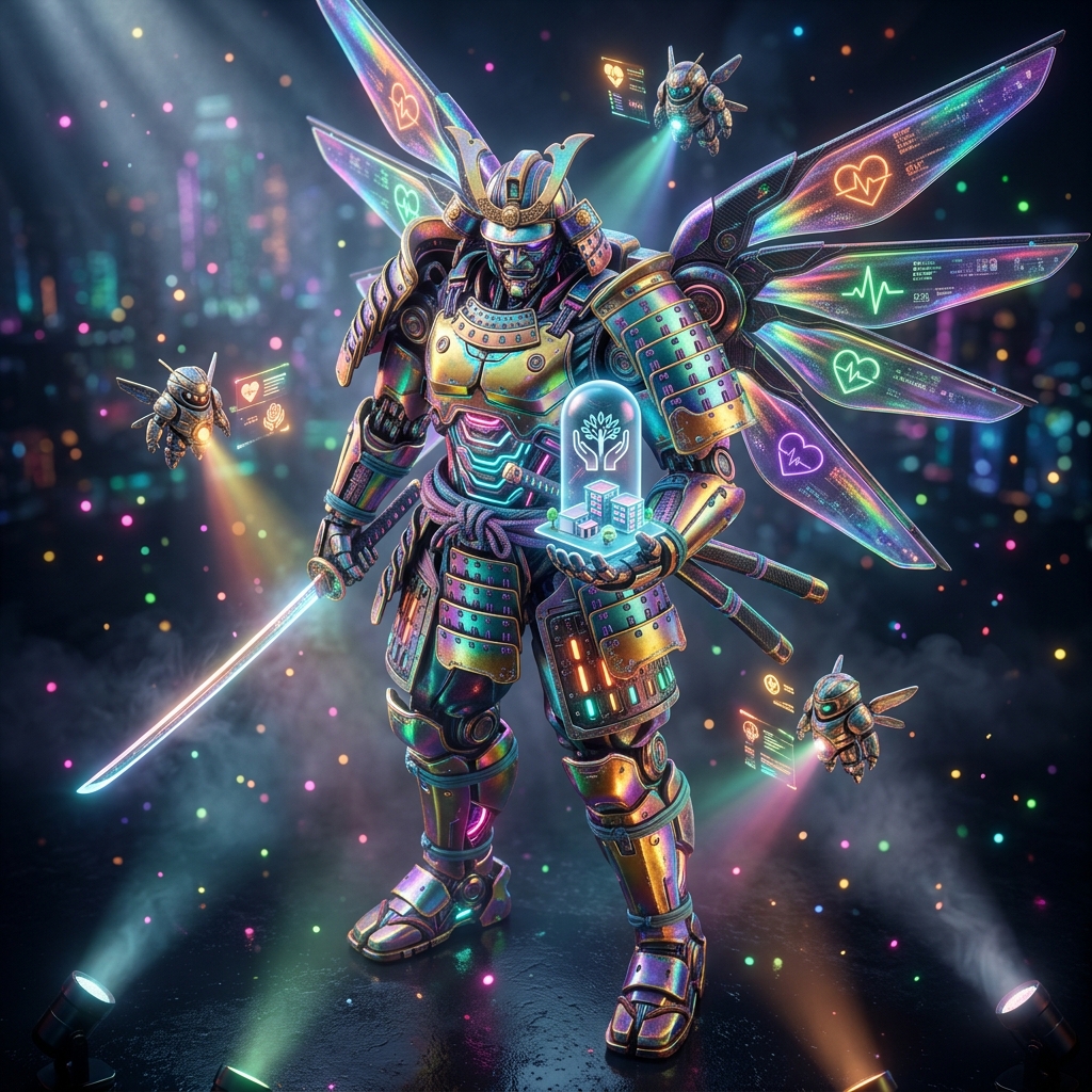 Senior Care category hero — majestic samurai-styled mech in lacquered armor with neon under-glow, katana of light in hand in dark cinematic stage with dramatic spotlights streaming down and a hazy atmospheric fog