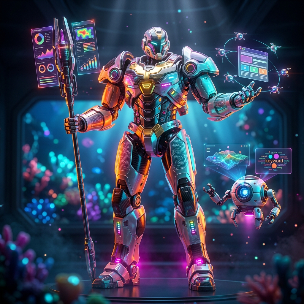 SEO Tools category hero — duo of contrasting robots — one large hero mech and a small companion droid — composed cinematically in deep-sea research bay with bulkhead windows onto a bioluminescent ocean
