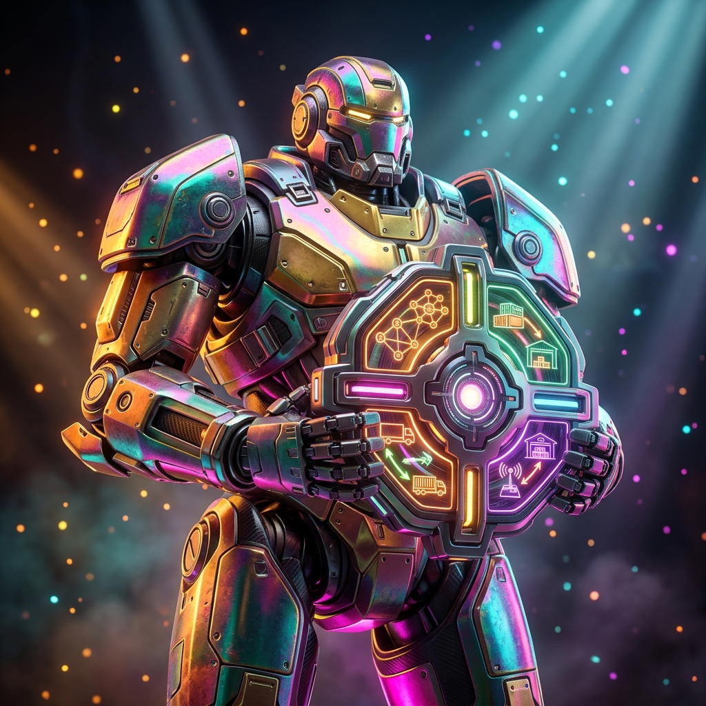 Shipping & Logistics category hero — heavily armored guardian robot holding a symbolic emblem of the category with both hands in dark cinematic stage with dramatic spotlights streaming down and a hazy atmospheric fog