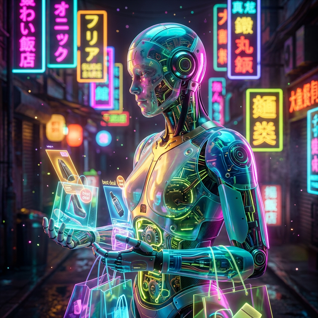 Shopping category hero — cinematic cyborg character seen in three-quarter profile, exposed circuitry glowing beneath translucent skin, intense neon rim light in Blade-Runner-style noodle-shop alley with dense neon signage in the background