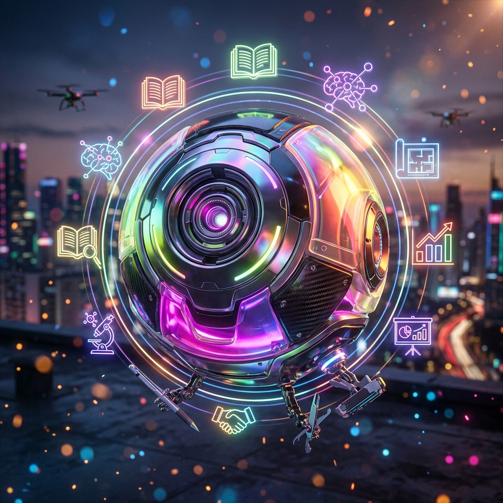 Skill Development category hero — floating spherical AI orb with concentric glowing rings and orbiting holographic icons around it in rooftop overlooking a neon megacity skyline at dusk, drones flying in the distance