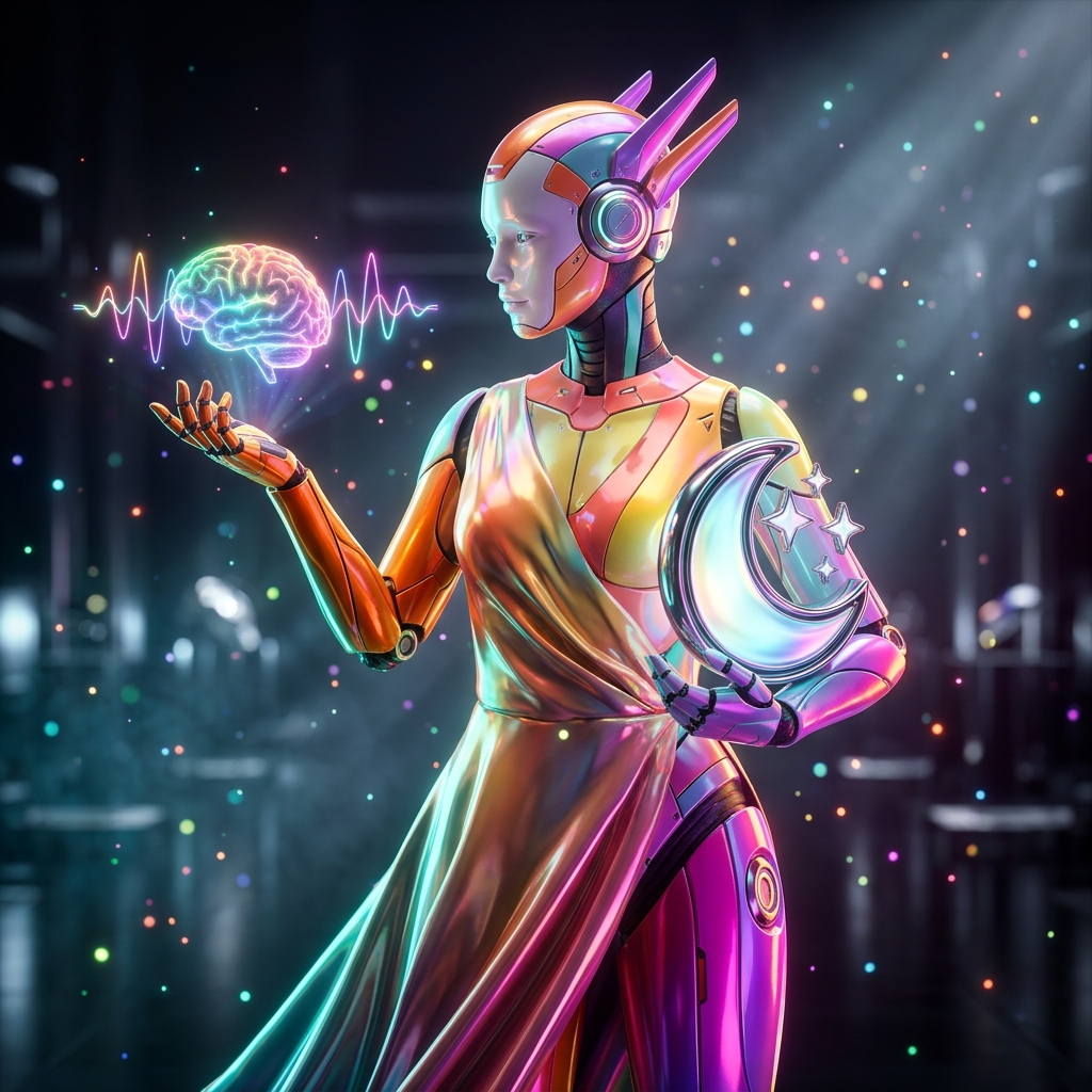 Sleep category hero — elegant fashion-forward android in flowing reflective couture fabric, editorial pose in chrome-and-glass showroom with mirrored floor and rim-lit product staging