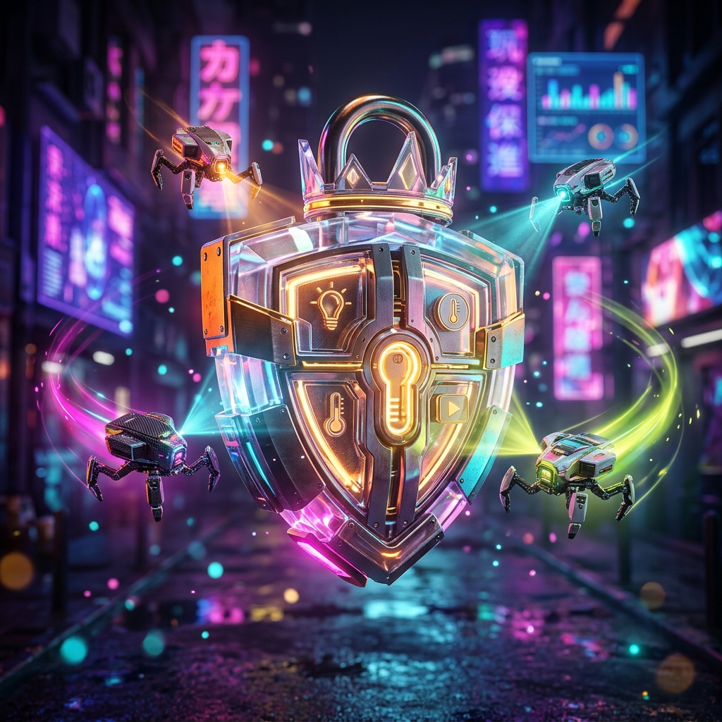 Smart Home category hero — glowing digital shield / padlock / crown / crystal object at the frame center, protected by hovering tech drones in neon-lit cyberpunk street at night, wet pavement reflections, hovering holograms in the background