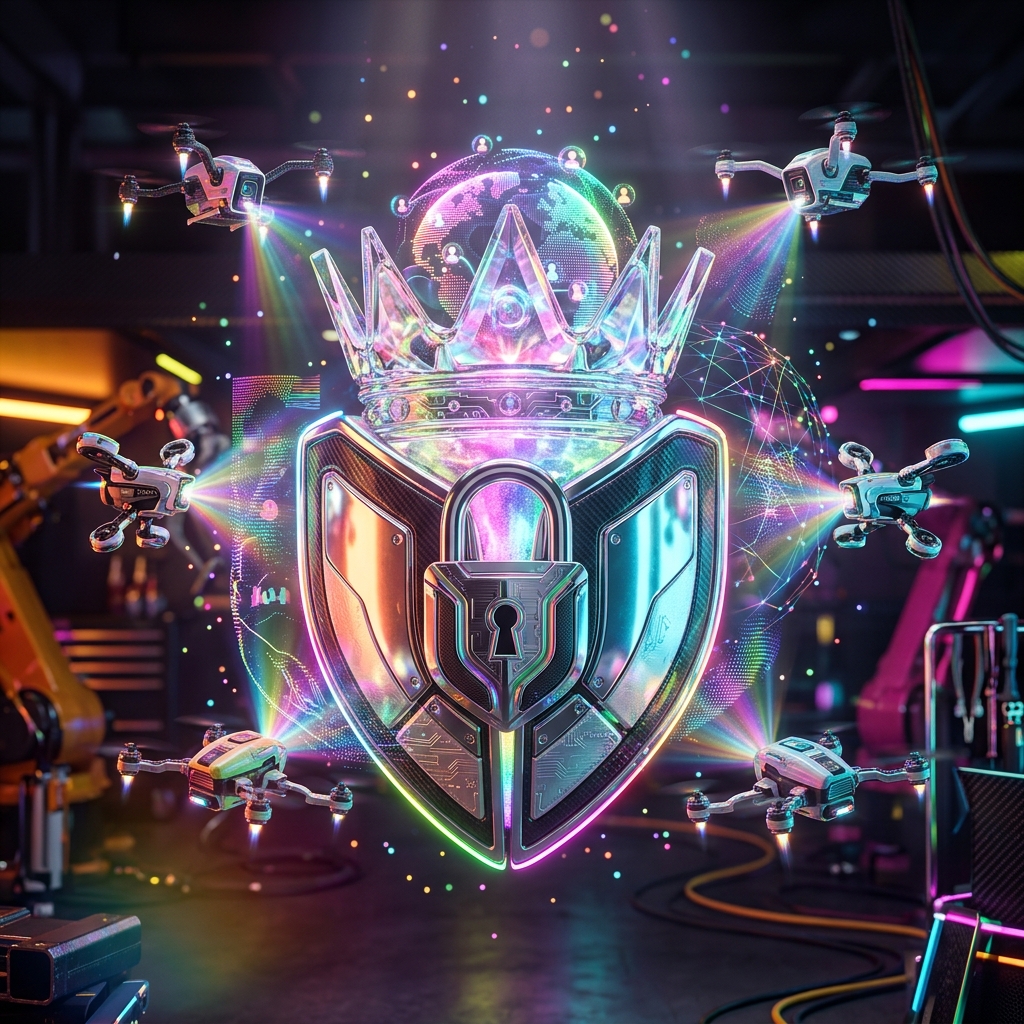 Social Media category hero — glowing digital shield / padlock / crown / crystal object at the frame center, protected by hovering tech drones in Formula-1 style pit garage with saturated color lighting and mechanical detail
