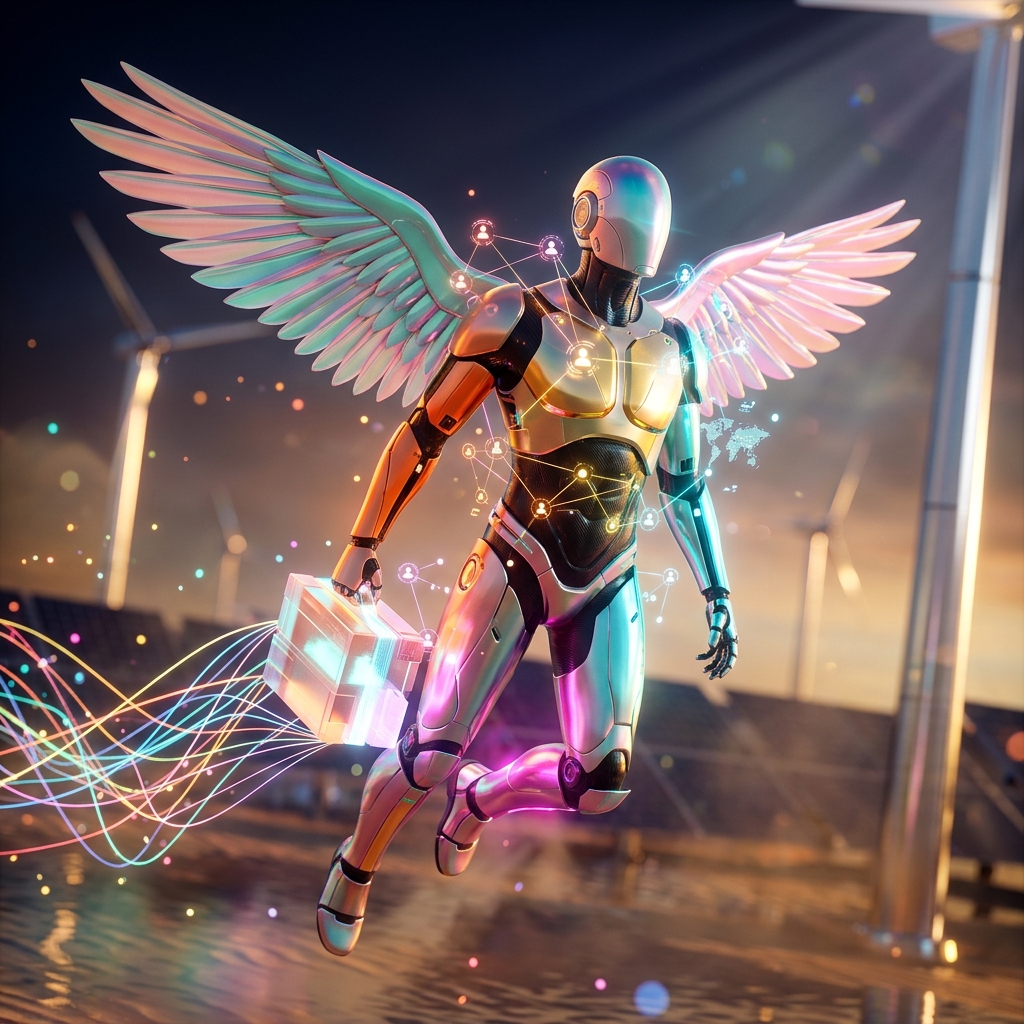 Social Networking category hero — courier-style android with iridescent wings unfurled, mid-flight silhouette against the environment in desert solar farm at magic hour with reflective sand and towering chrome pylons