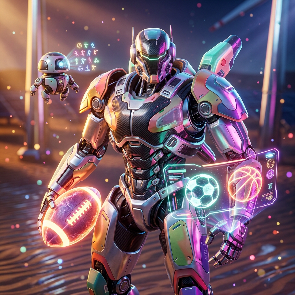 Sports category hero — duo of contrasting robots — one large hero mech and a small companion droid — composed cinematically in desert solar farm at magic hour with reflective sand and towering chrome pylons