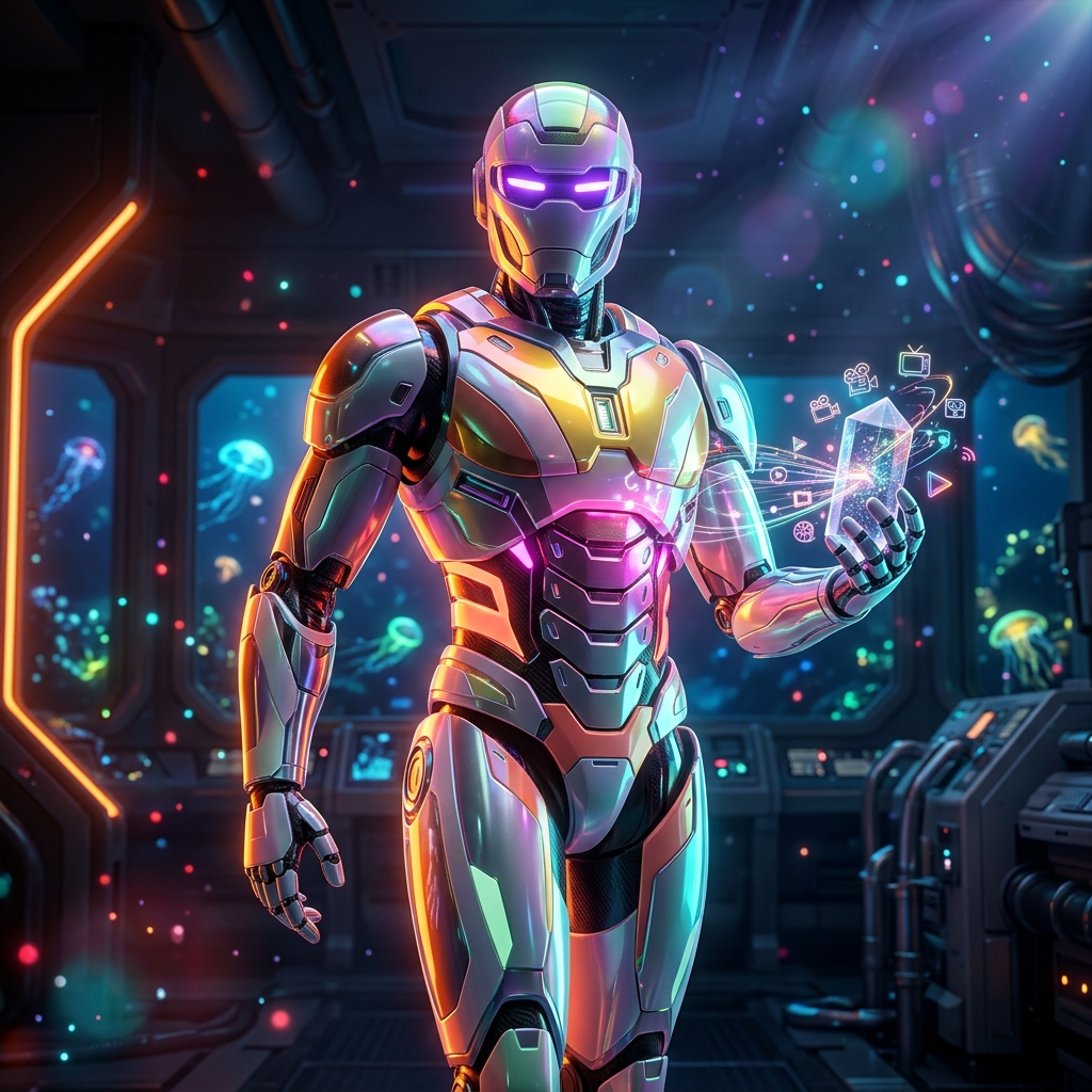 Streaming category hero — hyper-detailed humanoid robot with glossy plating and glowing visor eyes, striking a confident hero pose in the center of the frame in deep-sea research bay with bulkhead windows onto a bioluminescent ocean